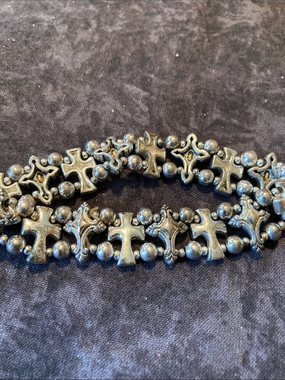Decorative Silver Tone Cross Bead Accent Stretch Bracelet